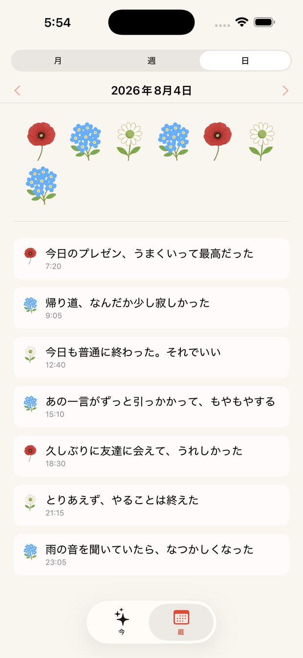庭の画面。その日に咲いた花とことばが並んでいる